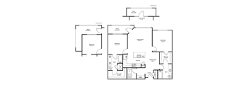 A floor plan of a house with a living room, dining room, kitchen, and two bedrooms.