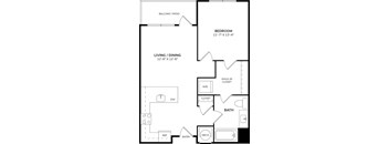 A floor plan of a room with a bedroom, living/dining area, bathroom, and closet.