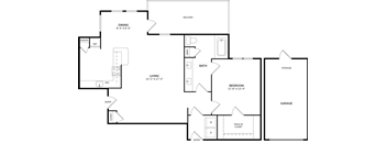 A floor plan of a house with a garage, living room, dining room, and kitchen.