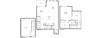 A floor plan of a two-story house with a garage.