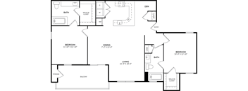 A floor plan of a house with a den, two bedrooms, a living room, a dining room, a bathroom, a storage area, and a balcony.