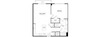 A black and white image of a floor plan for a home with a bedroom, living/dining area, kitchen island, bath, and entry.
