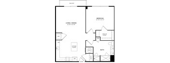 A black and white image of a floor plan for a home with a balcony, living/dining area, kitchen island, bathroom, and bedroom.