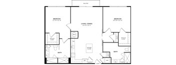 A floor plan of a home with two bedrooms, a living/dining area, a kitchen, two bathrooms, a walk-in closet, a pantry, and a laundry room.