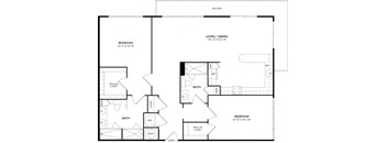 A black and white floor plan of a house with two bedrooms, a living/dining area, and a bathroom.
