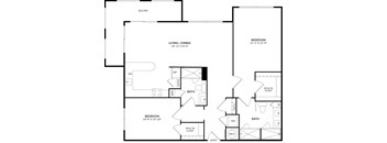 A black and white image of a floor plan for a home with a living room, dining room, and two bedrooms.