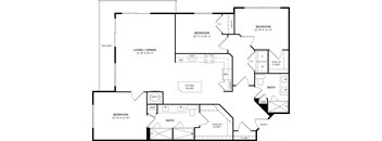 A black and white floor plan of a house with a balcony, kitchen island, and two bedrooms.