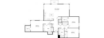 A floor plan of a house with three bedrooms and a living area.