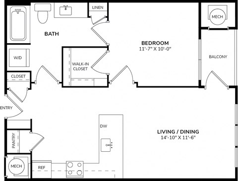 A floor plan of a home with a living room, dining room, pantry, and two bedrooms.