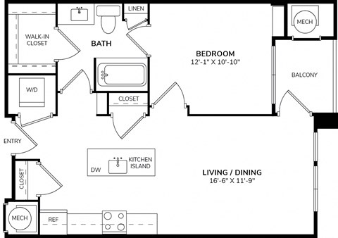 A floor plan of a small apartment with a living room, kitchen, bathroom, and bedroom.