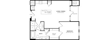 A floor plan of a home with a living room, dining room, kitchen, bathroom, and two bedrooms.