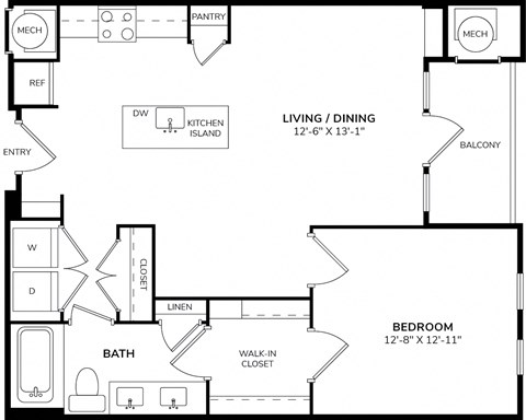 A floor plan of a home with a living room, dining room, kitchen, bathroom, and two bedrooms.