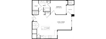 A floor plan of a home with a living room, dining room, kitchen, pantry, bathroom, and two bedrooms.