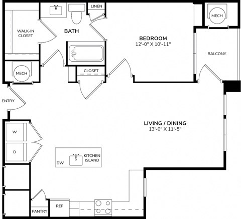 A floor plan of a home with a living room, dining room, kitchen, pantry, bathroom, and two bedrooms.