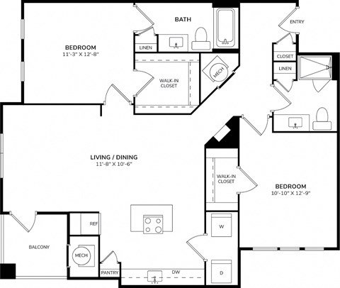 A black and white image of a floor plan for a home with a living room, dining room, kitchen, and two bedrooms.