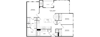 A floor plan of a home with two bedrooms, a living area, a kitchen, a bathroom, a walk-in closet, and an entry.