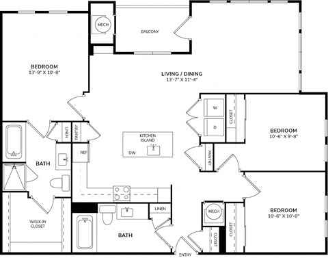 A floor plan of a home with two bedrooms, a living area, a kitchen, a bathroom, a walk-in closet, and an entry.