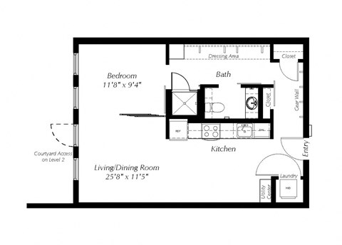 A floor plan of a small apartment with a living/dining room, kitchen, bathroom, and bedroom.