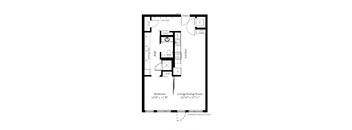 A floor plan of a small apartment with a bedroom, living/dining room, kitchen, bath, and utility center.
