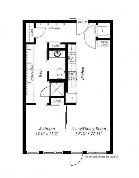 A floor plan of a small apartment with a bedroom, living/dining room, kitchen, bath, and utility center.