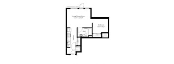 A floor plan of a home with a living/dining room, kitchen, and bath.