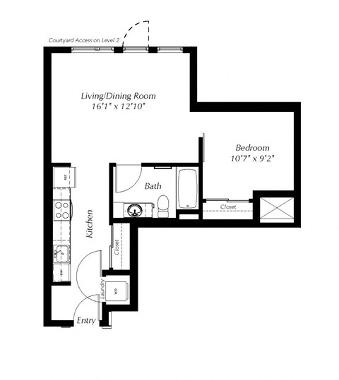 A floor plan of a home with a living/dining room, kitchen, and bath.