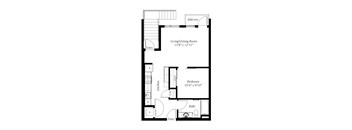 A black and white image of a floor plan for a small apartment.