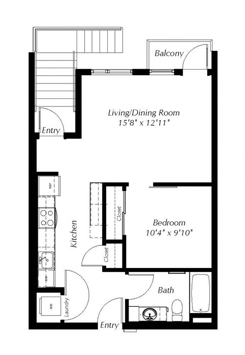 A black and white image of a floor plan for a small apartment.