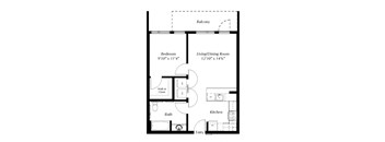 A floor plan of a small apartment with a bedroom, living/dining room, kitchen, bathroom, and entry.