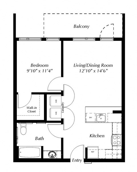 A floor plan of a small apartment with a bedroom, living/dining room, kitchen, bathroom, and entry.