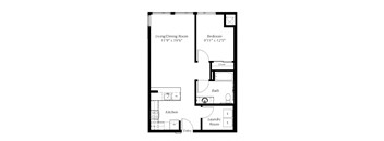 A floor plan of a small apartment with a living/dining room, kitchen, laundry room, and bedroom.