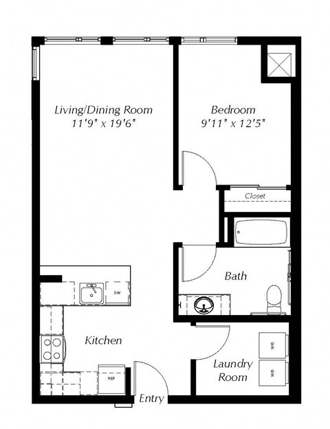 A floor plan of a small apartment with a living/dining room, kitchen, laundry room, and bedroom.