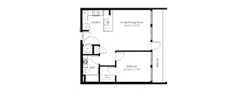 A floor plan of a small apartment with a living/dining room, kitchen, bathroom, and bedroom.