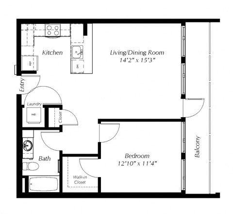 A floor plan of a small apartment with a living/dining room, kitchen, bathroom, and bedroom.