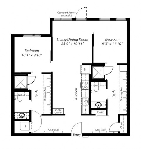 A floor plan of a house with two bedrooms, a living room, a kitchen, a bathroom, a utility center, a laundry room, a closet, and an entry.