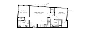 A floor plan of a home with two bedrooms, a living/dining room, a kitchen, two bathrooms, a laundry room, and an entry.