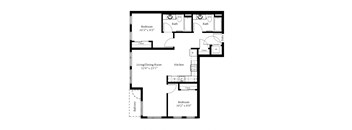 A black and white image of a floor plan for a home with a living/dining room, kitchen, two bathrooms, and two bedrooms.