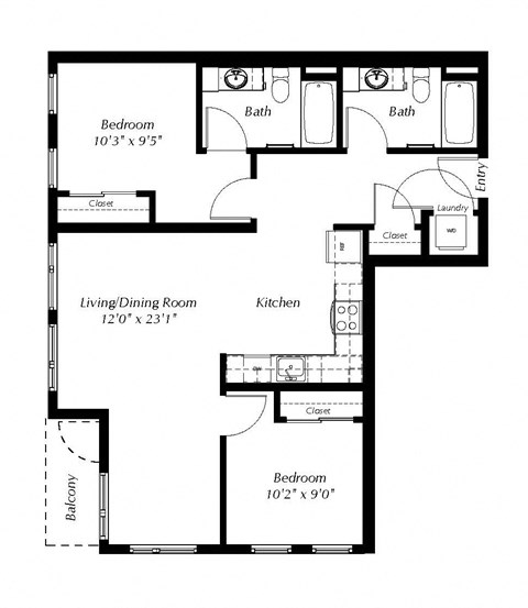 A black and white image of a floor plan for a home with a living/dining room, kitchen, two bathrooms, and two bedrooms.