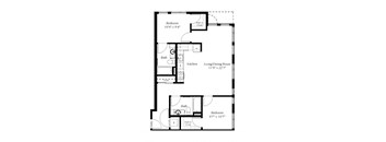 A floor plan of a small apartment with two bedrooms, a bathroom, a kitchen, and a living/dining room.