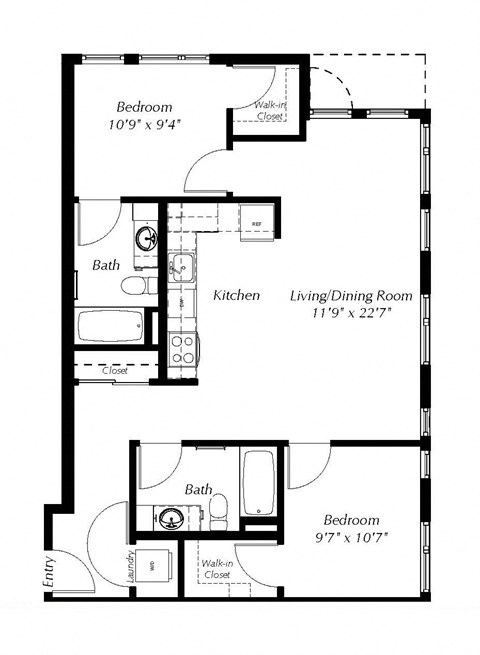 A floor plan of a small apartment with two bedrooms, a bathroom, a kitchen, and a living/dining room.