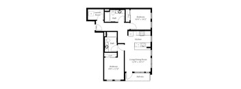A floor plan of a house with a laundry room, two bathrooms, two bedrooms, a living/dining room, a kitchen, and a balcony.