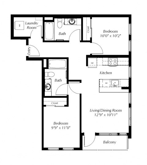 A floor plan of a house with a laundry room, two bathrooms, two bedrooms, a living/dining room, a kitchen, and a balcony.