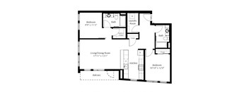 A black and white image of a floor plan for a home with a living room, dining room, kitchen, and three bedrooms.