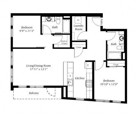 A black and white image of a floor plan for a home with a living room, dining room, kitchen, and three bedrooms.