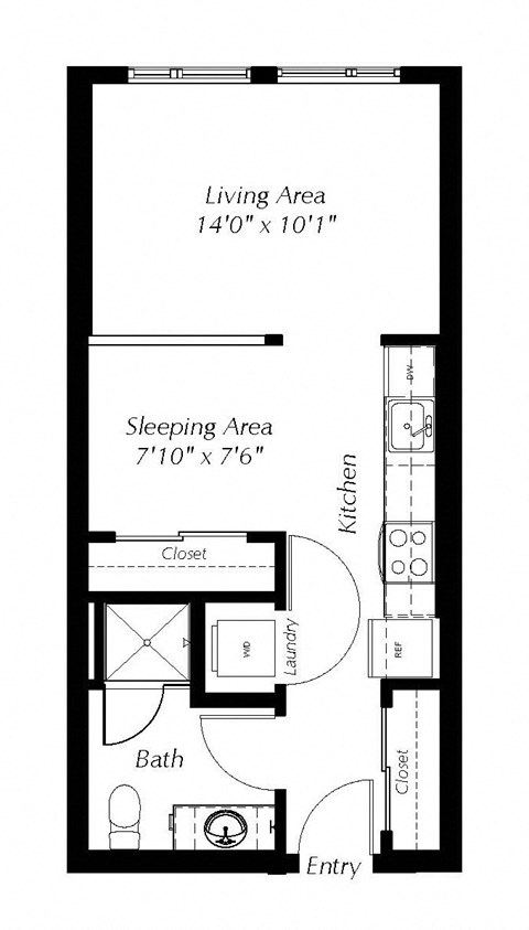 A floor plan of a small apartment with a sleeping area, kitchen, bathroom, and entry.