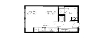 A floor plan of a small apartment with a living area, sleeping area, kitchen, laundry, and bath.