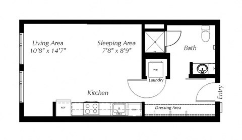 A floor plan of a small apartment with a living area, sleeping area, kitchen, laundry, and bath.