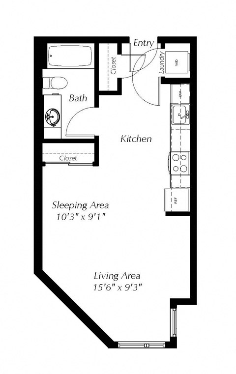 A floor plan of a small apartment with a sleeping area and a living area.