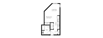 A floor plan of a small apartment with a living area, sleeping area, kitchen, bath, and entry.