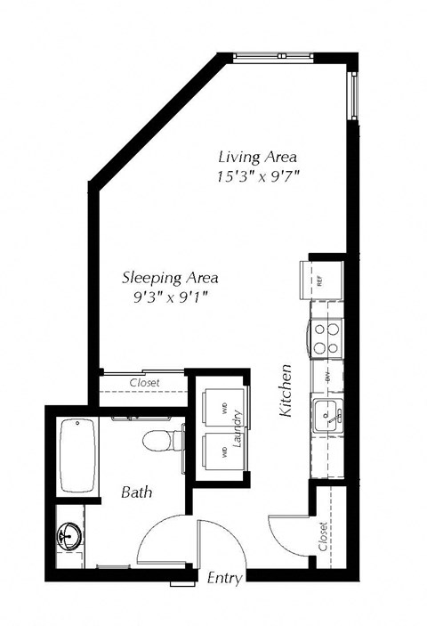 A floor plan of a small apartment with a living area, sleeping area, kitchen, bath, and entry.